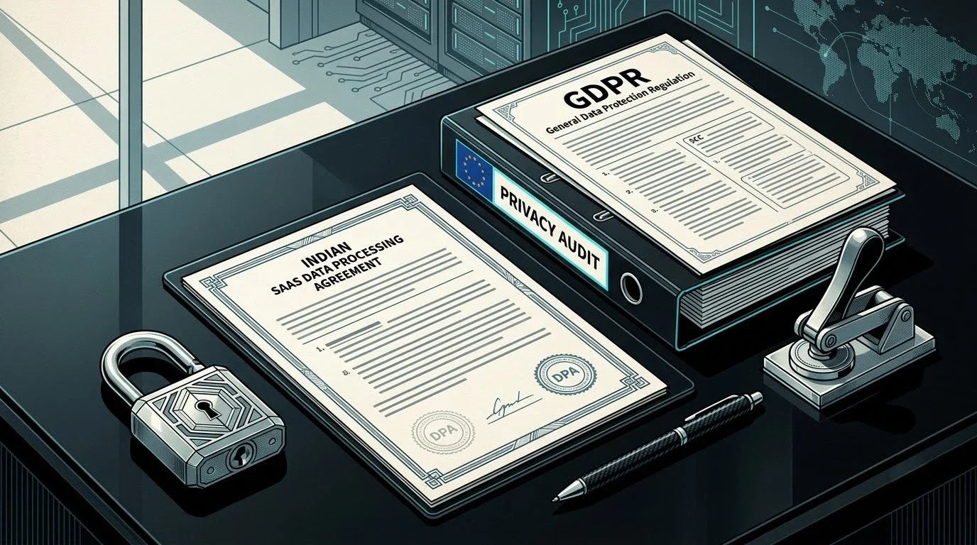 Illustration of an Indian Data Processing Agreement on a matte obsidian glass IT legal desk with a cryptographic padlock and steel seal for GDPR privacy translation.
