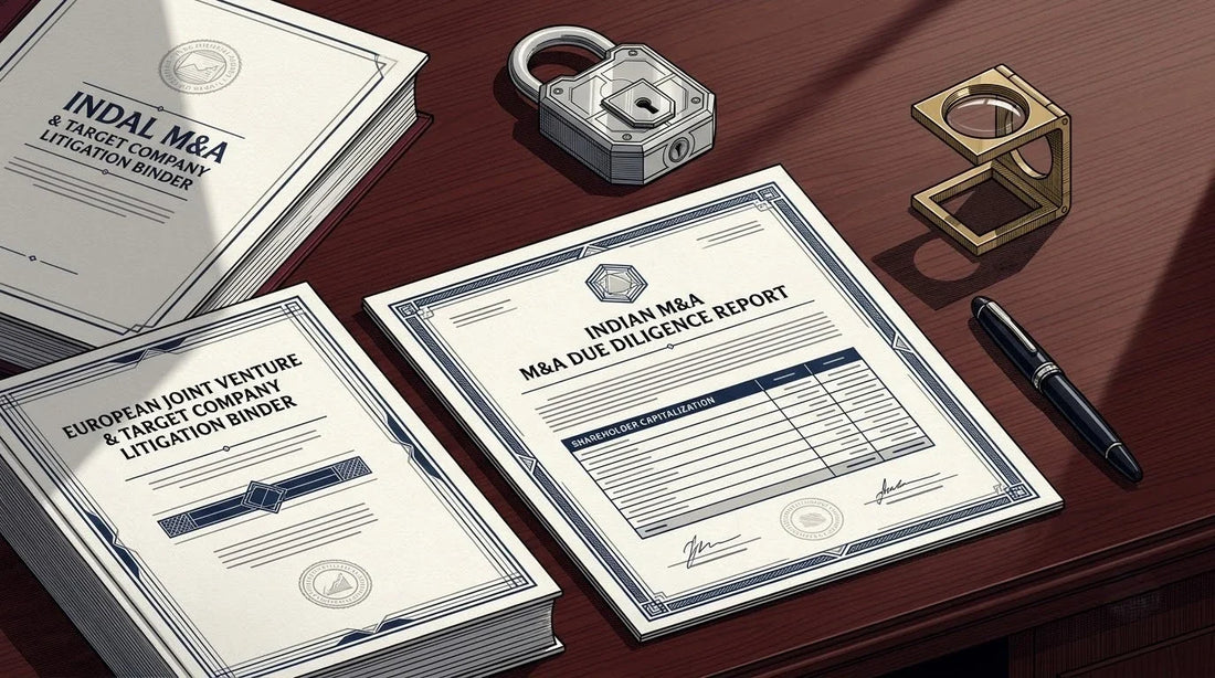 Illustration of an Indian M&A Due Diligence Report on a polished mahogany legal desk with a platinum padlock and brass loupe for cross-border Virtual Data Room translation.