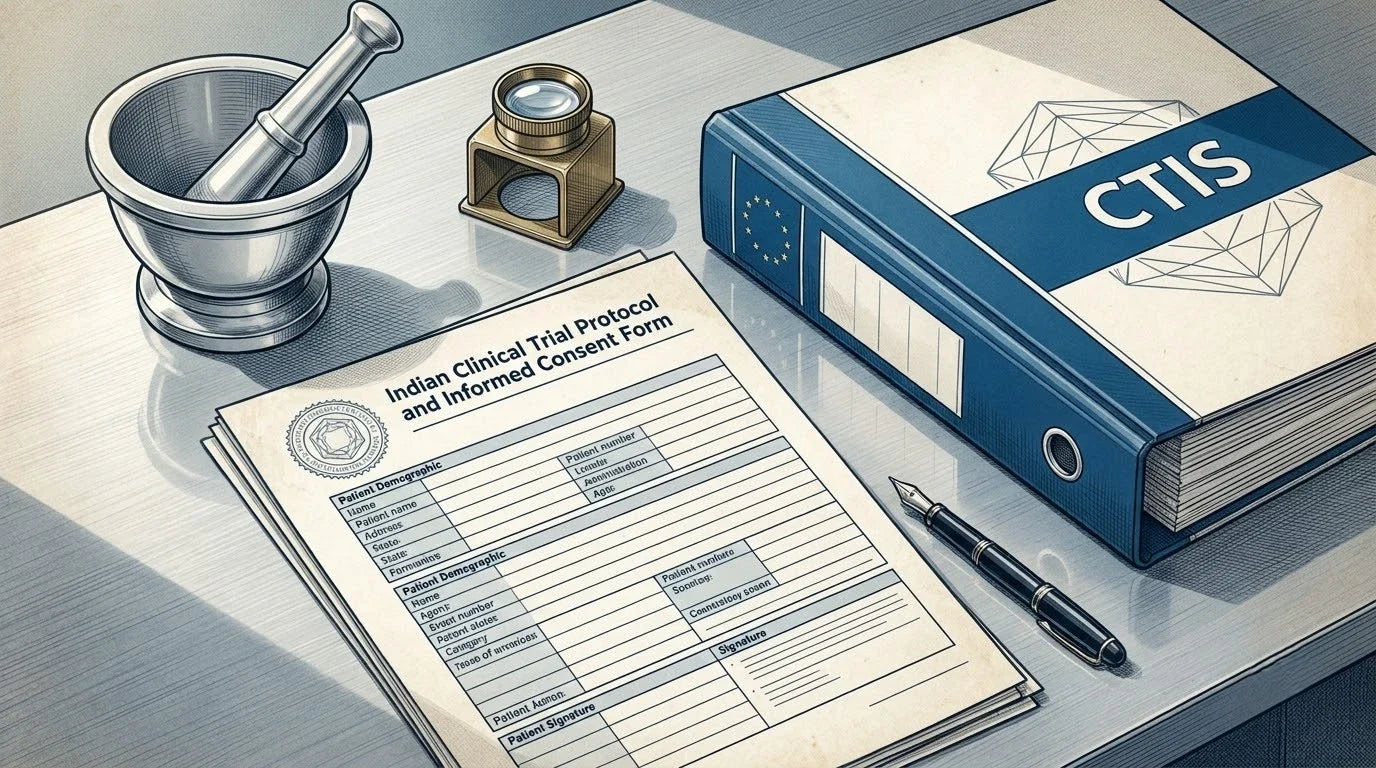 Illustration of an Indian Clinical Trial ICF on a brushed-steel regulatory desk with a silver mortar and brass loupe for EU CTIS compliance translation.