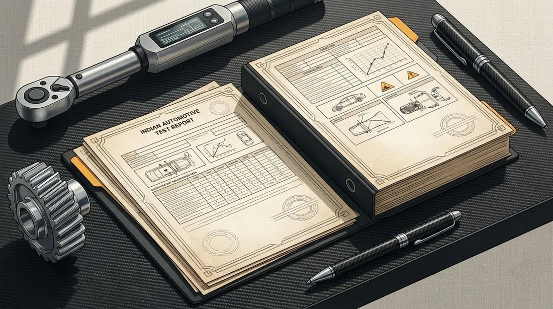 Illustration of an Indian Automotive Test Report on a carbon-fiber engineering desk with a torque wrench and chrome gear for global homologation translation.