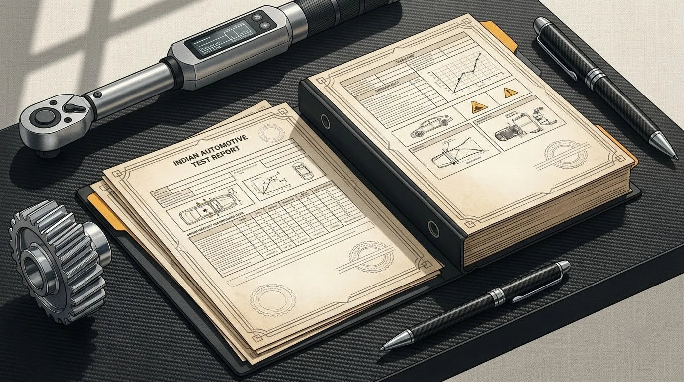 Illustration of an Indian Automotive Test Report on a carbon-fiber engineering desk with a torque wrench and chrome gear for global homologation translation.