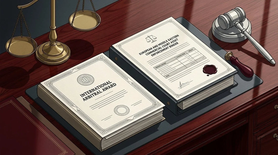 Illustration of an International Arbitral Award on a polished dark cherry legal desk with a brass scale and silver gavel for cross-border enforcement translation.