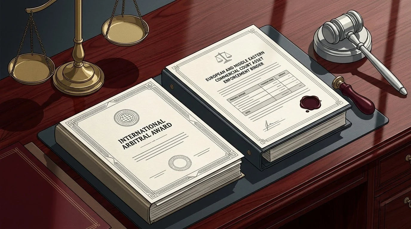 Illustration of an International Arbitral Award on a polished dark cherry legal desk with a brass scale and silver gavel for cross-border enforcement translation.
