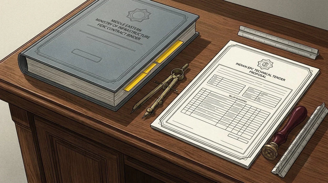 Illustration of an Indian EPC Tender Proposal on a dark oak engineering desk with a brass compass and scale ruler for cross-border public procurement translation.
