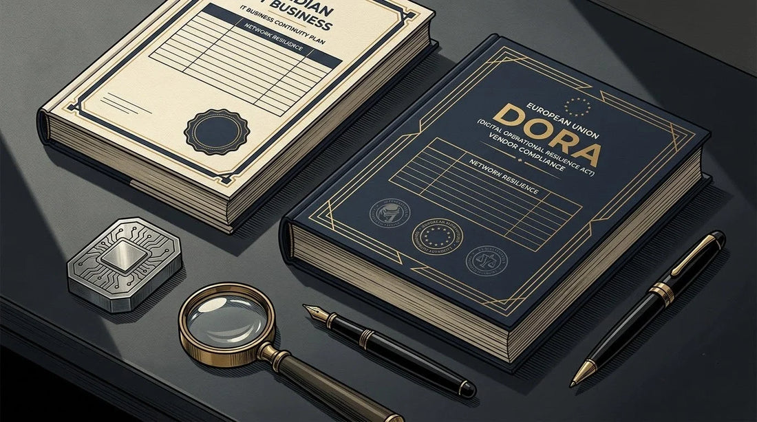 Illustration of an Indian IT Business Continuity Plan on a graphite corporate desk with a steel data token and brass loupe for EU DORA compliance translation.