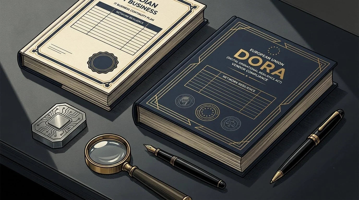 Illustration of an Indian IT Business Continuity Plan on a graphite corporate desk with a steel data token and brass loupe for EU DORA compliance translation.