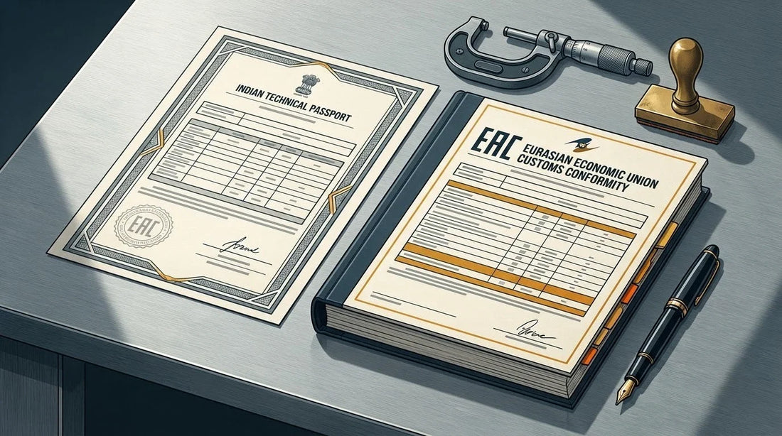 Illustration of an Indian Technical Passport on a brushed steel customs compliance desk with a micrometer and brass stamp for Russian EAC certification translation.