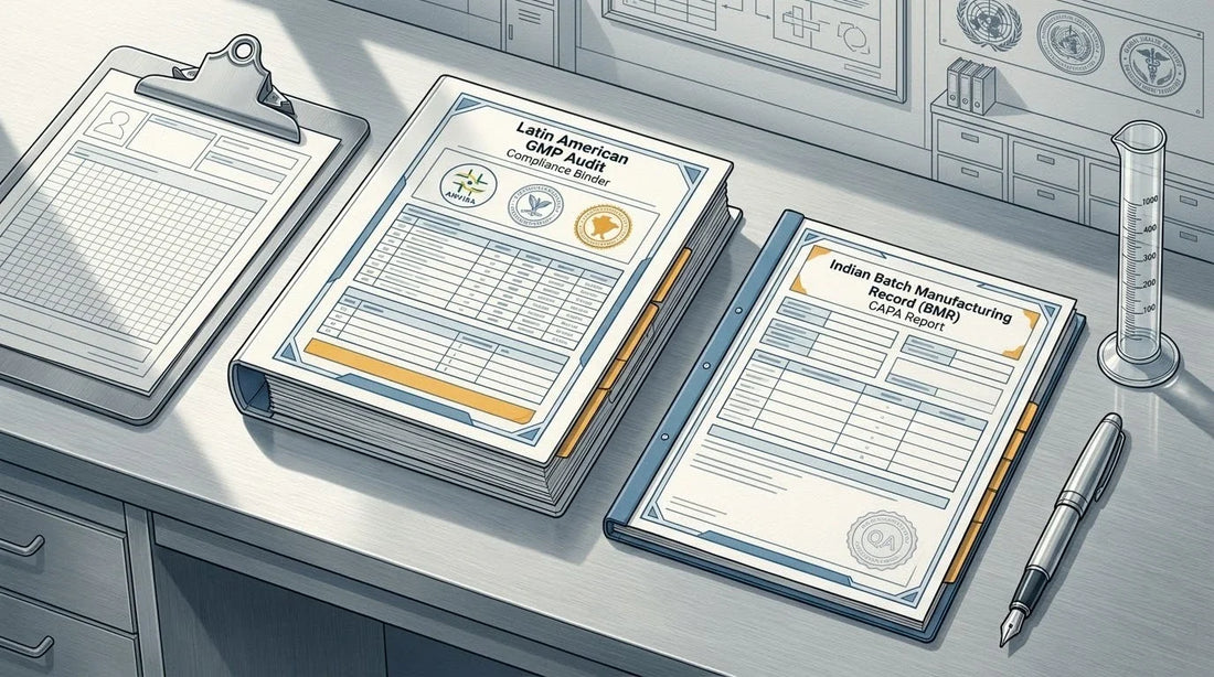Illustration of an Indian Batch Manufacturing Record on a stainless steel cleanroom desk with a glass cylinder and clipboard for global GMP audit translation.