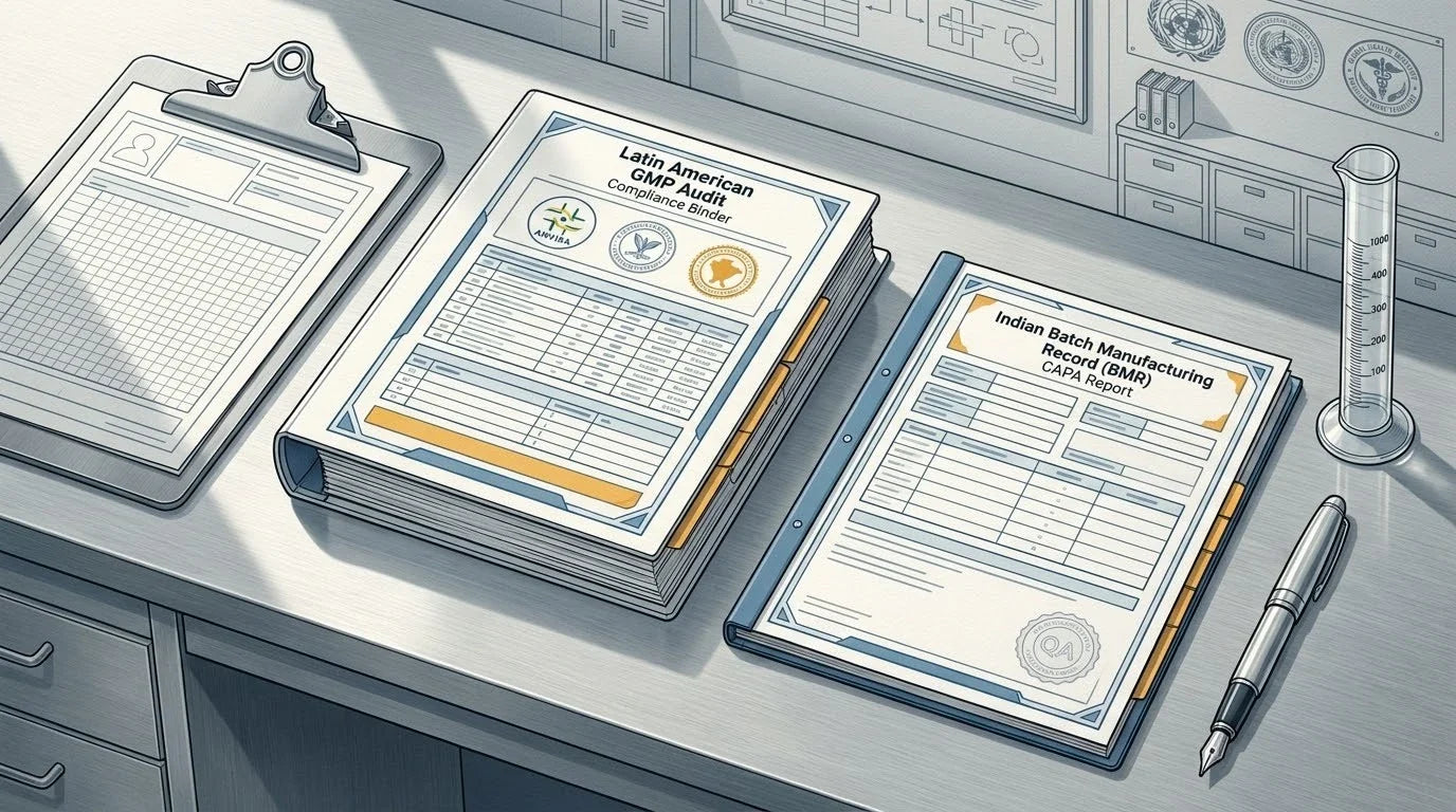 Illustration of an Indian Batch Manufacturing Record on a stainless steel cleanroom desk with a glass cylinder and clipboard for global GMP audit translation.