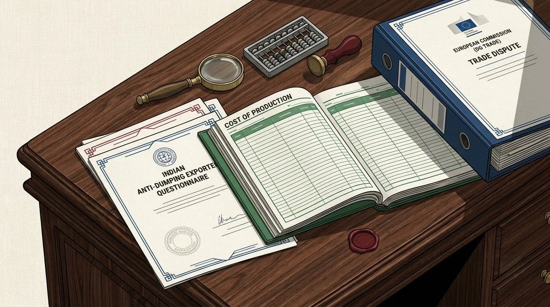 Illustration of an Indian Anti-Dumping Questionnaire on a dark walnut trade law desk with an abacus and brass magnifier for international tariff defense translation.
