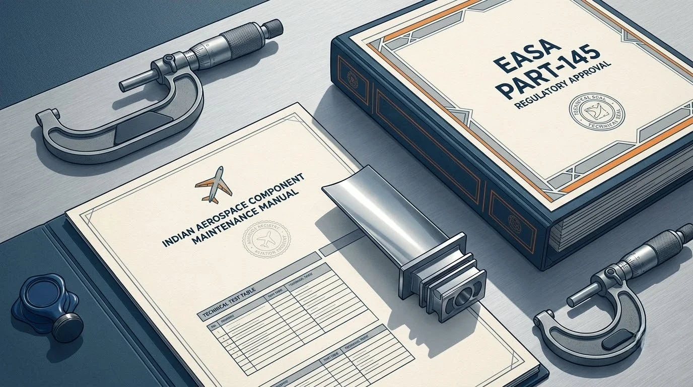 Illustration of an Indian Component Maintenance Manual on a brushed-aluminum aerospace desk with a titanium turbine blade and micrometer for EASA aviation translation.
