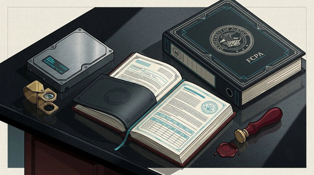 Illustration of an Indian Expense Ledger on a black granite legal desk with a forensic hard drive and brass loupe for FCPA e-Discovery translation.