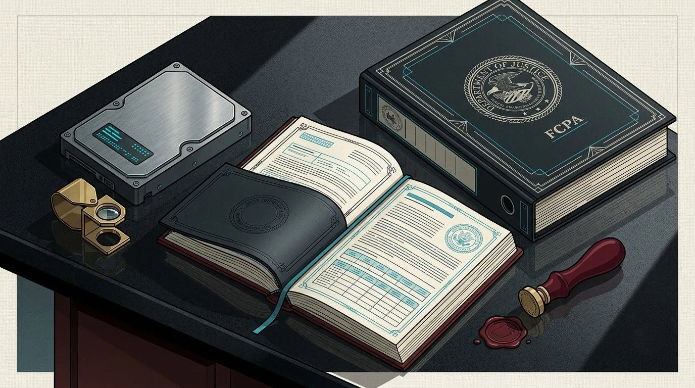 Illustration of an Indian Expense Ledger on a black granite legal desk with a forensic hard drive and brass loupe for FCPA e-Discovery translation.