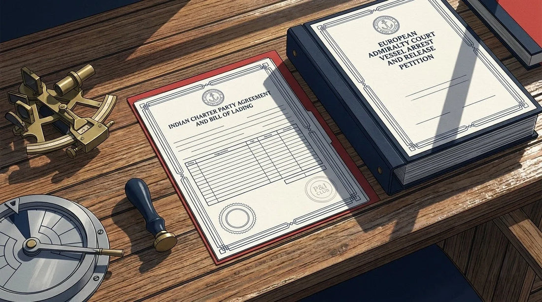 Illustration of an Indian Charter Party Agreement on a polished teak maritime desk with a brass sextant and ship's telegraph for foreign Admiralty Court translation.