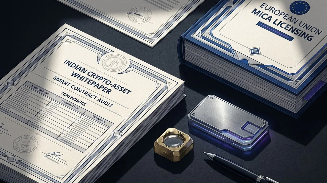 Illustration of an Indian Crypto-Asset Whitepaper on an obsidian glass FinTech desk with a hardware wallet and brass loupe for EU MiCA regulatory translation.