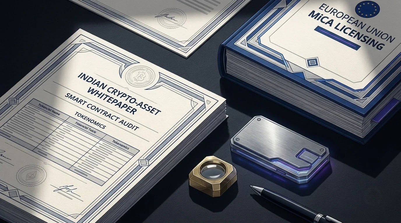 Illustration of an Indian Crypto-Asset Whitepaper on an obsidian glass FinTech desk with a hardware wallet and brass loupe for EU MiCA regulatory translation.
