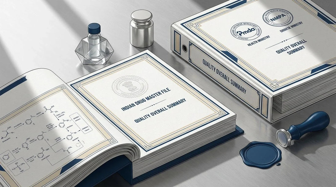 Illustration of an Indian Drug Master File on a stainless steel cleanroom desk with a platinum weight and chromatography vial for PMDA and NMPA regulatory translation.