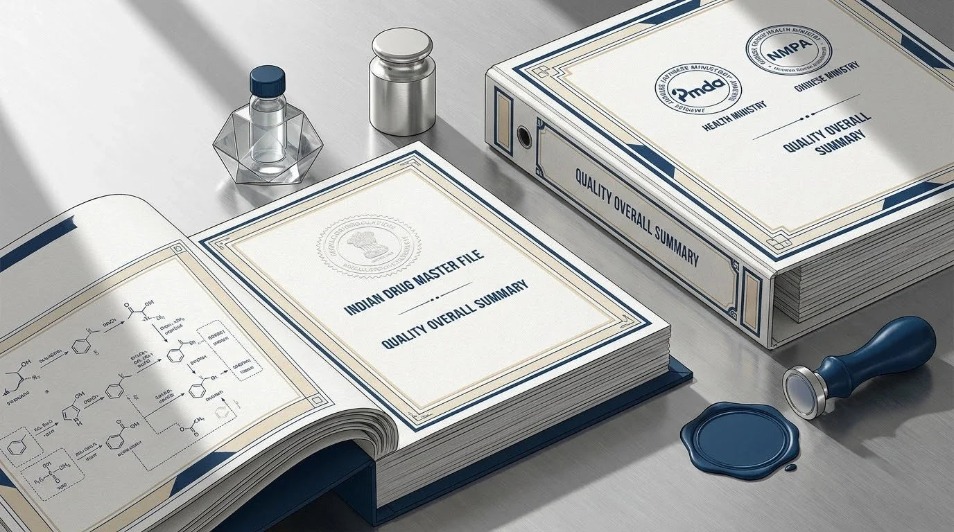 Illustration of an Indian Drug Master File on a stainless steel cleanroom desk with a platinum weight and chromatography vial for PMDA and NMPA regulatory translation.