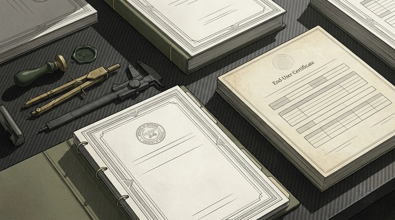 Illustration of an Indian End-User Certificate on a ballistic carbon-fiber defense desk with a brass compass and titanium caliper for military export translation.