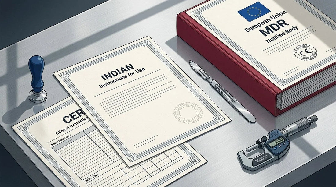 Illustration of an Indian Medical Device IFU on a surgical steel desk with a scalpel and micrometer for EU MDR CE Mark translation.