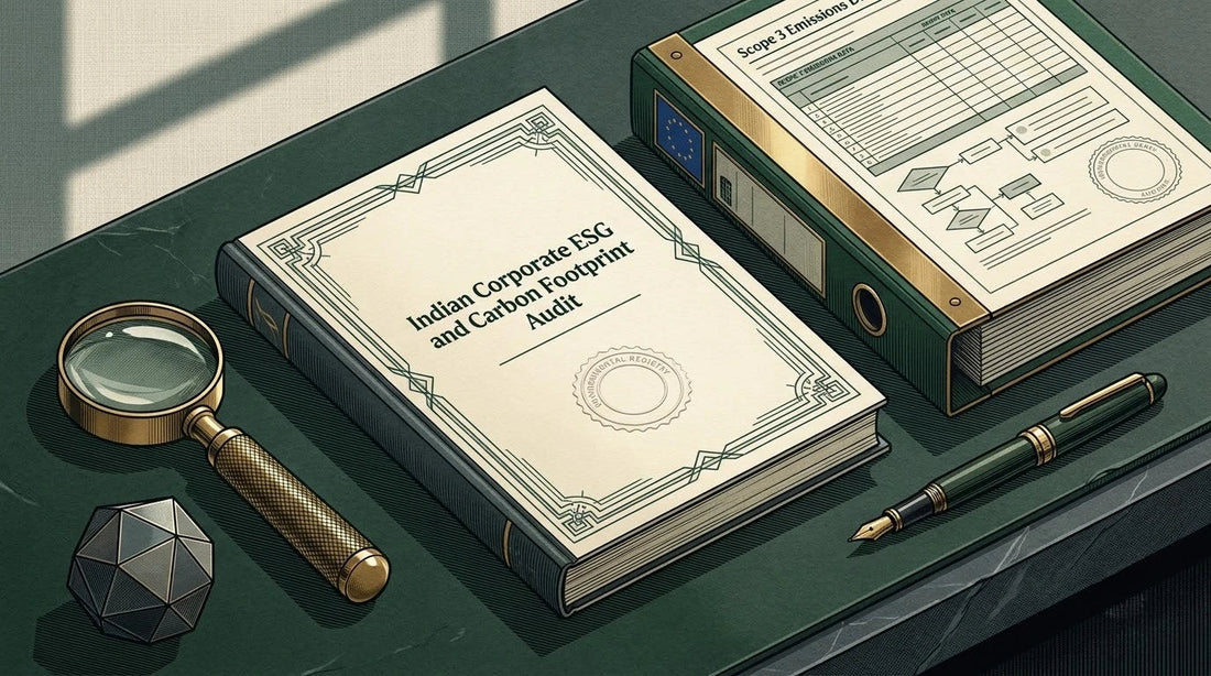 Illustration of an Indian ESG Carbon Audit on a slate stone desk with a carbon token and brass loupe for EU CSRD supply chain translation.
