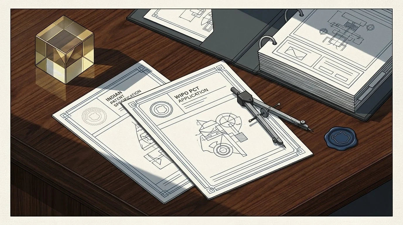 Illustration of an Indian Patent Specification on a dark walnut legal desk with a brass prism and drafting compass for international PCT patent translation.