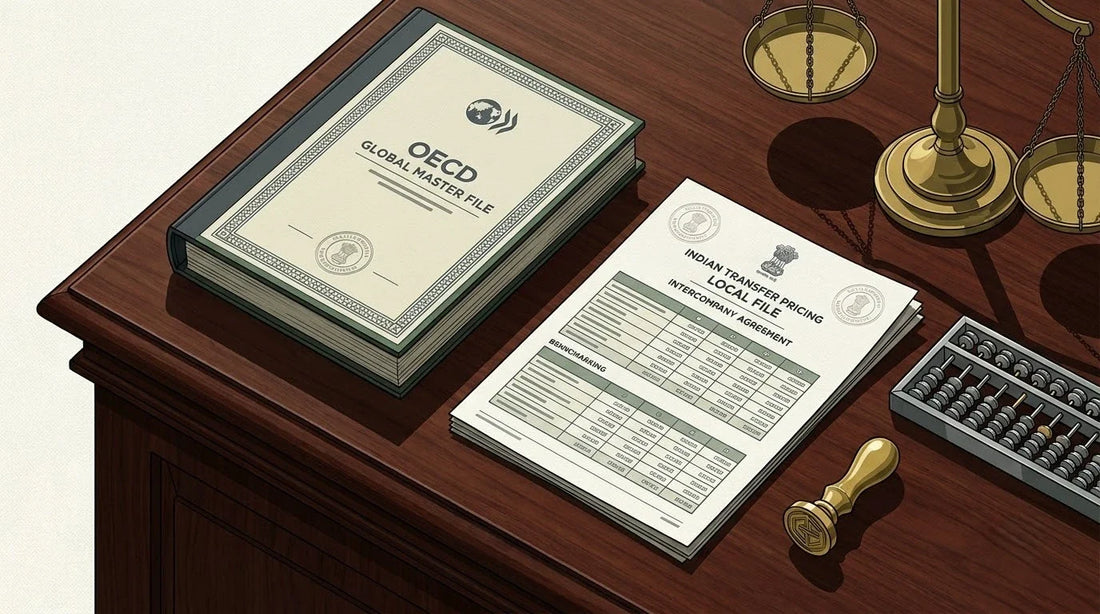 Illustration of an Indian Transfer Pricing Local File on a mahogany financial desk with a brass scale and abacus for OECD BEPS tax audit translation.