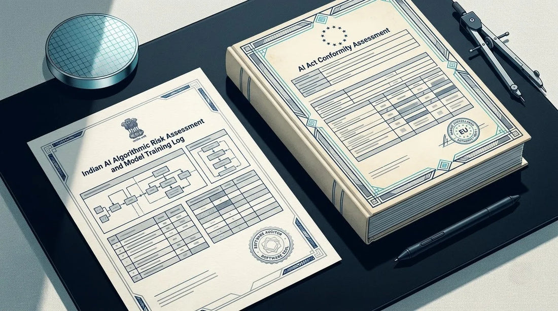 Illustration of an Indian AI Risk Assessment on an obsidian glass desk with a silicon wafer and drafting compass for EU AI Act Conformity translation.