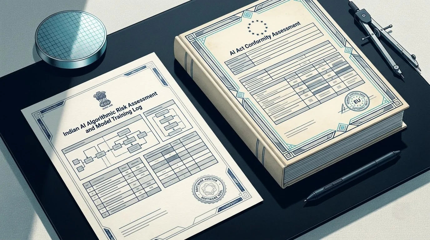 Illustration of an Indian AI Risk Assessment on an obsidian glass desk with a silicon wafer and drafting compass for EU AI Act Conformity translation.
