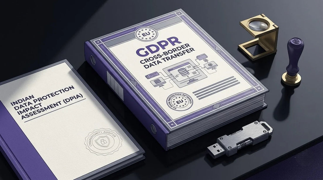 Illustration of an Indian Data Protection Impact Assessment on an obsidian glass IT desk with a security key and brass loupe for EU GDPR cross-border translation.