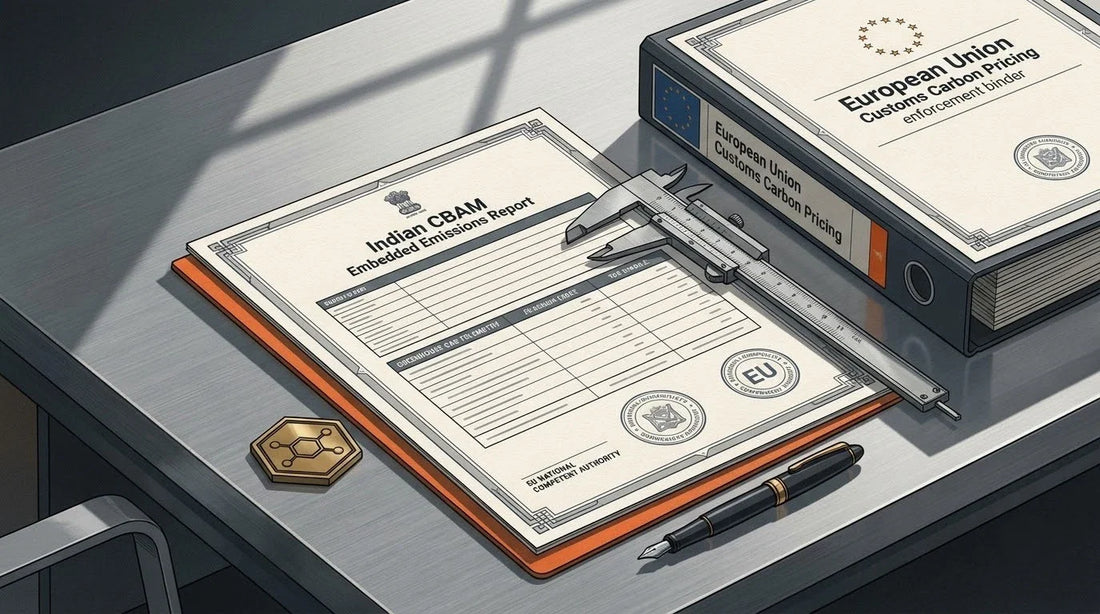 Illustration of an Indian CBAM Emissions Report on a forged steel export desk with a metallurgy caliper and carbon token for EU carbon tax compliance translation.