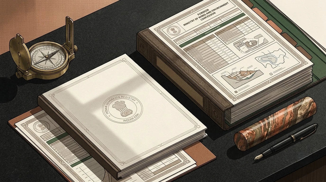 Illustration of an Indian ESIA report on a black granite desk with a geological compass and rock core sample for international mining concession translation.