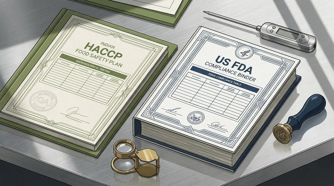 Illustration of an Indian Cosmetic Product Safety Report on a stainless steel lab desk with an Erlenmeyer flask and brass loupe for EU PIF compliance translation.