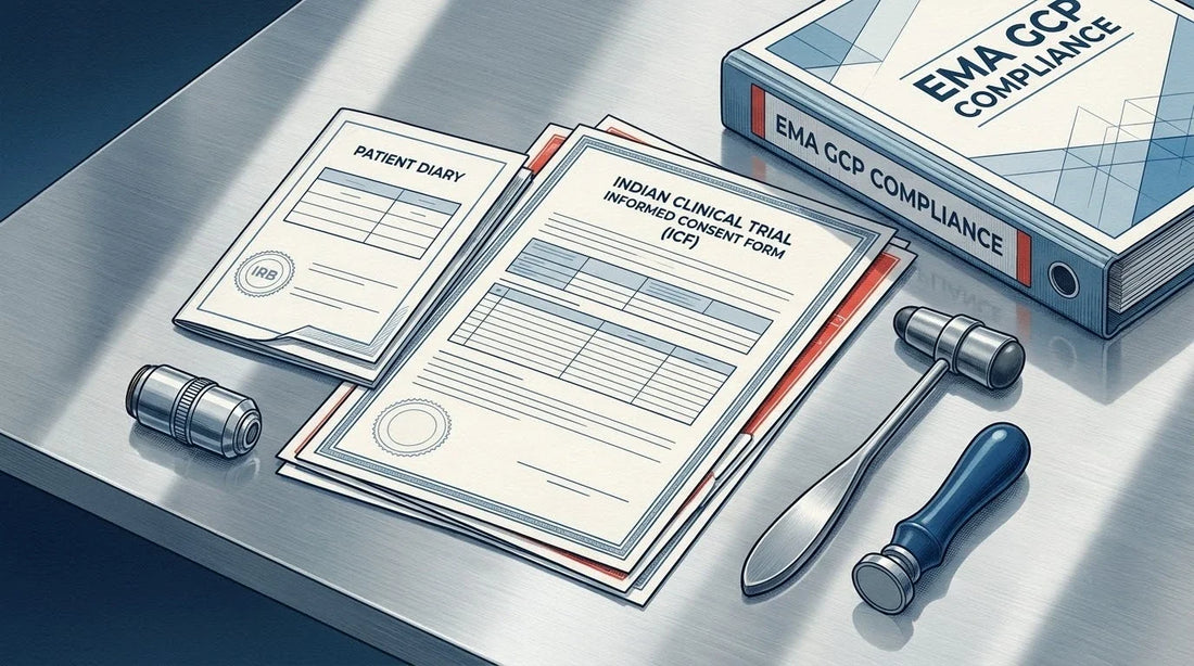Illustration of an Indian Clinical Trial ICF on a stainless steel lab desk with a reflex hammer and microscope lens for FDA/EMA GCP audit translation.
