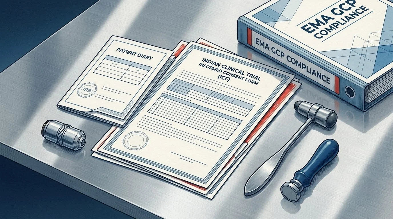 Illustration of an Indian Clinical Trial ICF on a stainless steel lab desk with a reflex hammer and microscope lens for FDA/EMA GCP audit translation.