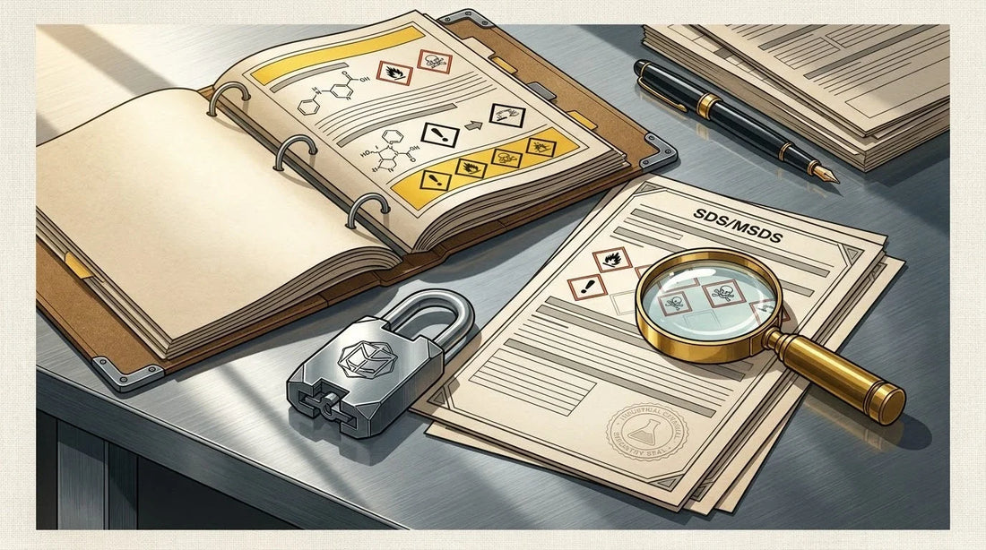 Illustration of an Indian Safety Data Sheet (SDS) on a brushed steel customs compliance desk with a shipping seal and brass magnifier for REACH and GHS chemical translation.