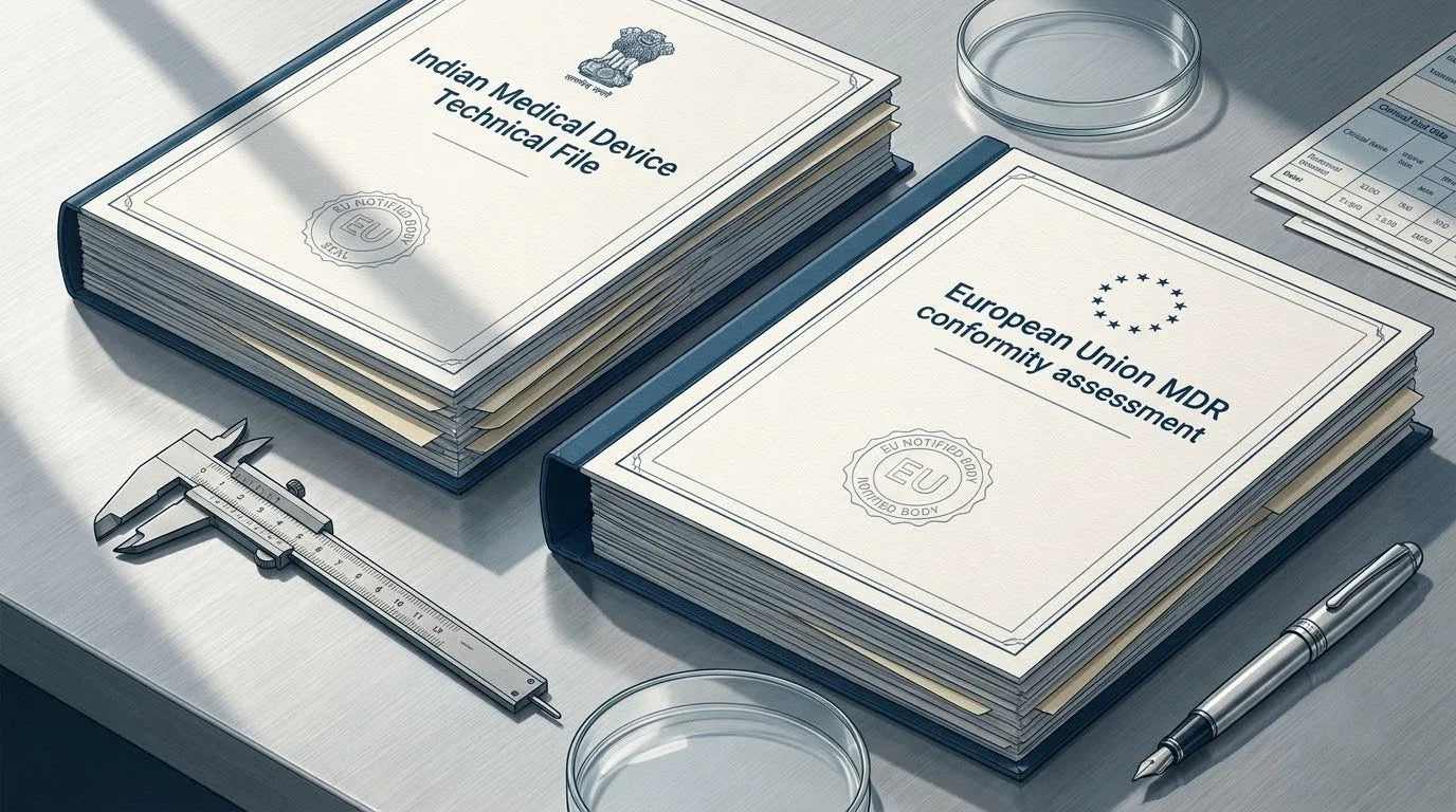 Illustration of an Indian Medical Device Technical File on a brushed stainless steel regulatory desk with a titanium caliper and petri dish for EU MDR translation.