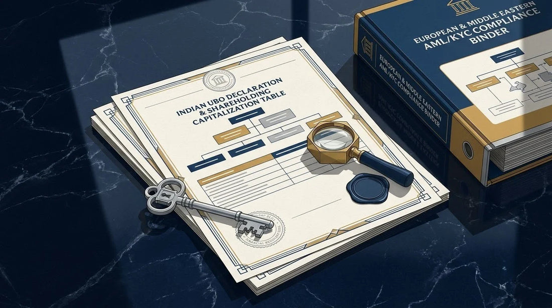 Illustration of an Indian UBO Declaration on a midnight-blue marble banking compliance desk with a silver security key and brass loupe for international AML translation.
