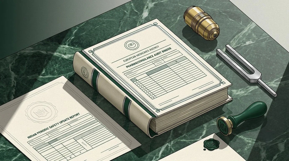 Illustration of an Indian Periodic Safety Update Report on a Verde Guatemala marble regulatory desk with a microscope lens and tuning fork for global pharmacovigilance translation.