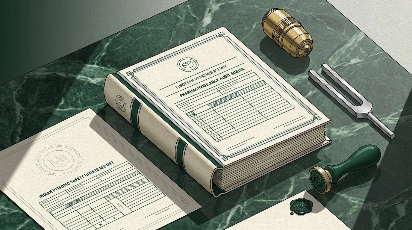Illustration of an Indian Periodic Safety Update Report on a Verde Guatemala marble regulatory desk with a microscope lens and tuning fork for global pharmacovigilance translation.