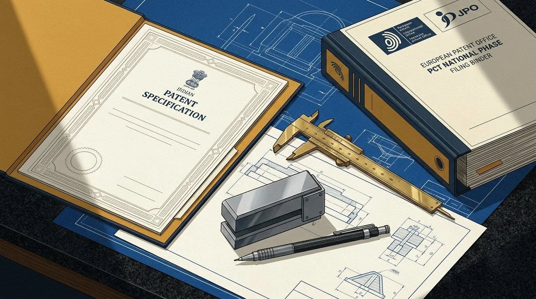 Illustration of an Indian Patent Specification on a honed black granite IP legal desk with a brass caliper and notary press for PCT National Phase translation.