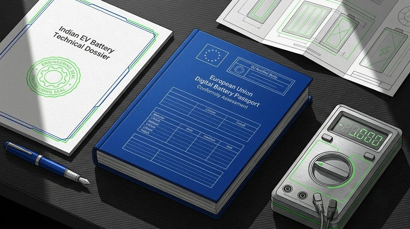 Illustration of an Indian EV Battery Technical Dossier on a carbon-fiber engineering desk with a multimeter and cell blueprint for EU Battery Passport translation.