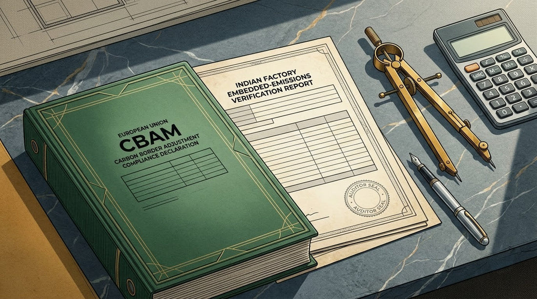 Illustration of an Indian embedded-emissions verification report on a reclaimed slate industrial desk with a brass compass and carbon calculator for EU CBAM translation.