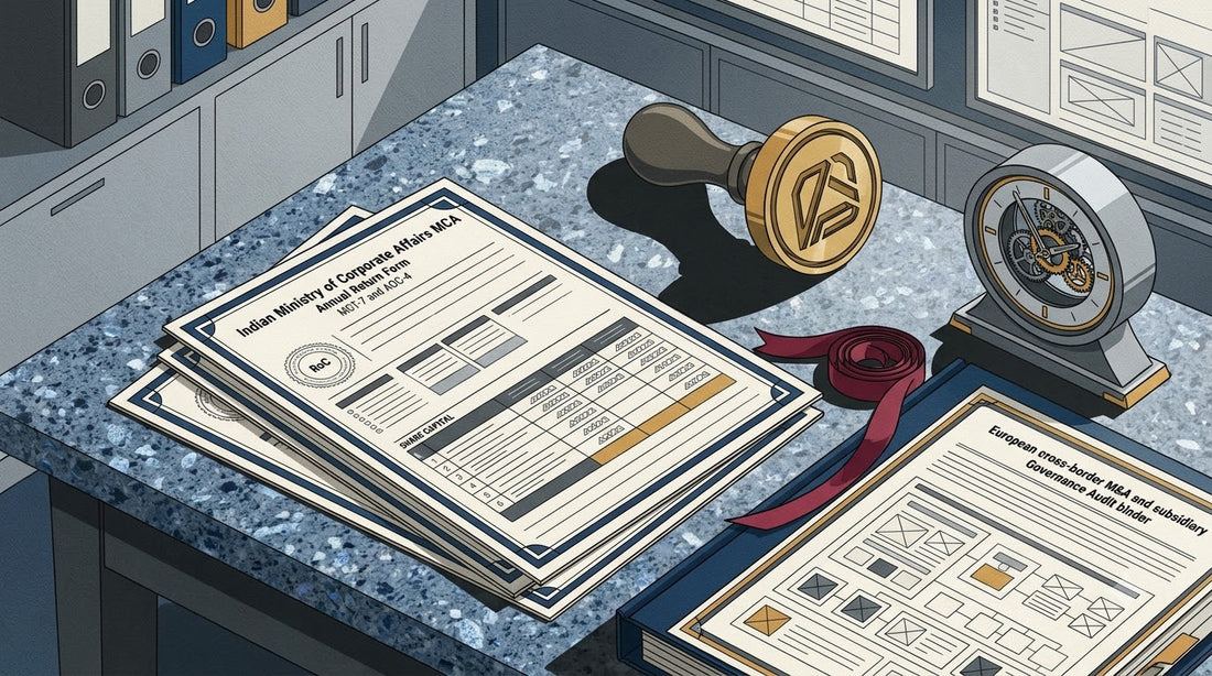 Illustration of an Indian MCA Annual Return on a honed blue pearl granite corporate governance desk with a brass seal press and timepiece for cross-border M&A translation.