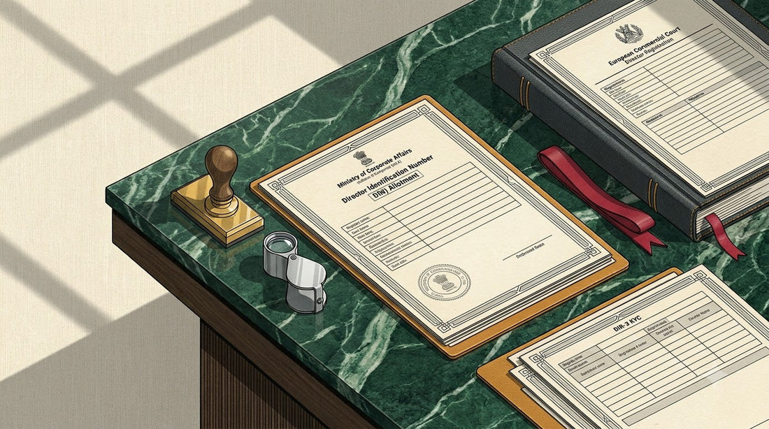 Illustration of an Indian MCA DIN Allotment Letter on a polished Verde Alpi green marble corporate governance desk with a brass seal press and loupe for overseas directorship translation.