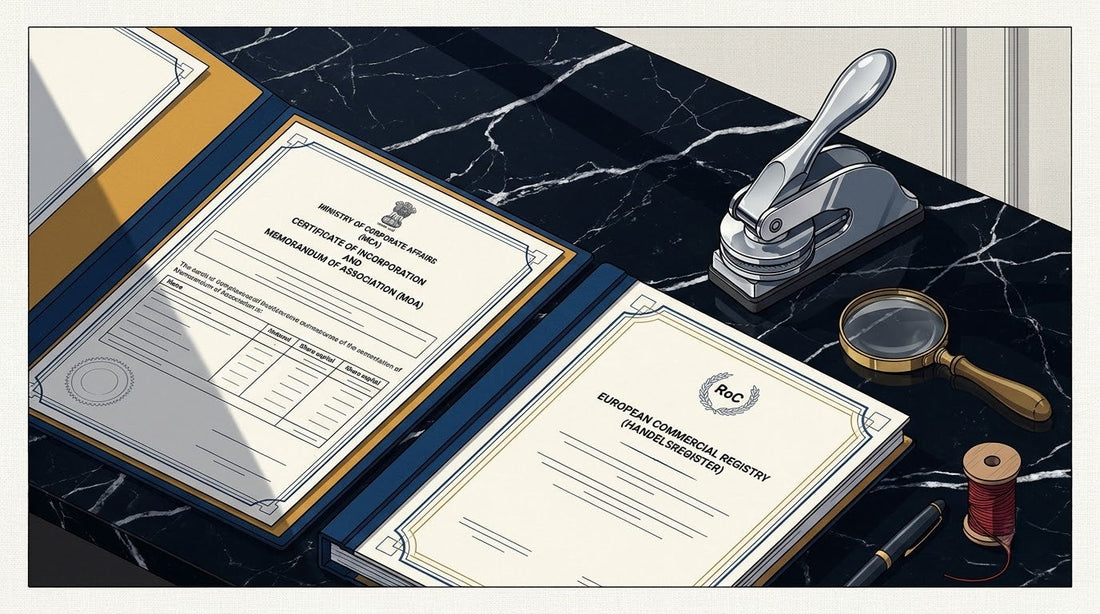 Illustration of an Indian Certificate of Incorporation on a polished Nero Marquina marble corporate law desk with a chrome seal press and brass magnifier for overseas subsidiary translation.