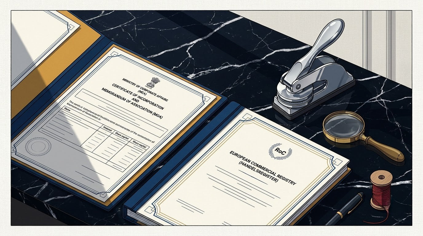 Illustration of an Indian Certificate of Incorporation on a polished Nero Marquina marble corporate law desk with a chrome seal press and brass magnifier for overseas subsidiary translation.