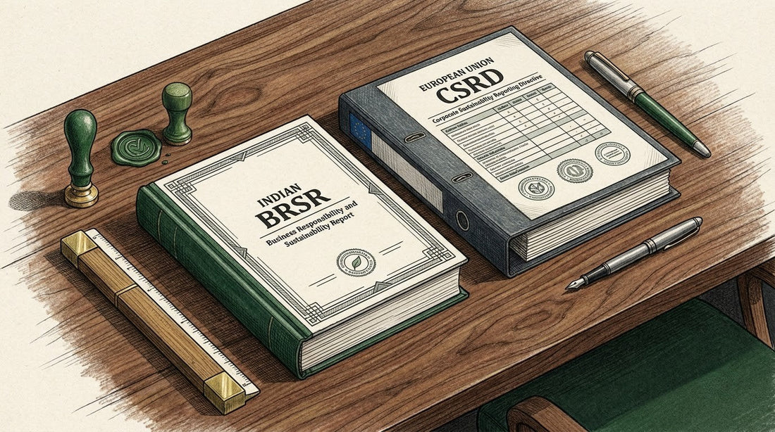 Illustration of an Indian ESG Audit Report on a polished reclaimed walnut corporate desk with a bamboo scale and green wax seal for EU CSRD translation.