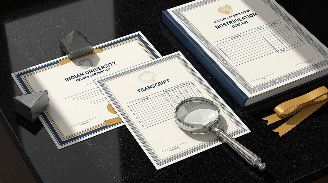 Illustration of an Indian University Degree on a polished black granite corporate HR desk with a graphite paperweight and silver magnifying glass for Russian Nostrification translation.