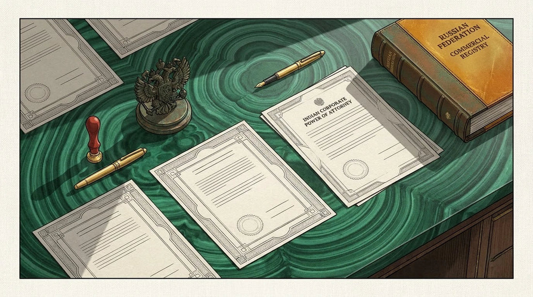 Illustration of an Indian Corporate Power of Attorney on a dark green malachite executive desk with a bronze eagle paperweight and red wax seal for Russian B2B legal translation.